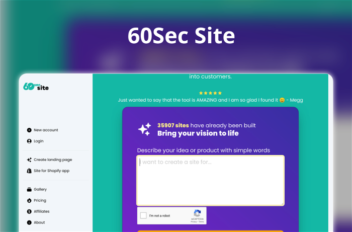60Sec Site Thumbnail, showing the homepage and logo of the tool
