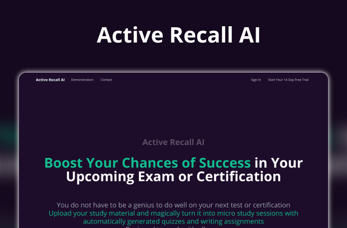 Active Recall AI Thumbnail, showing the homepage and logo of the tool