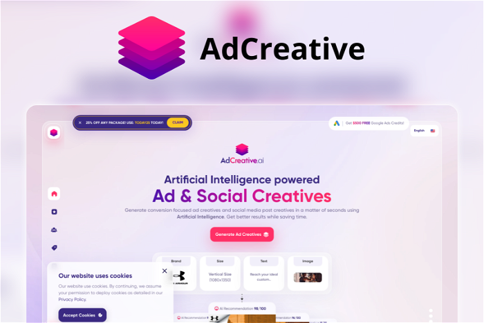 AdCreative Thumbnail, showing the homepage and logo of the tool