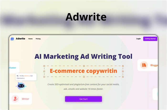 Adwrite Thumbnail, showing the homepage and logo of the tool