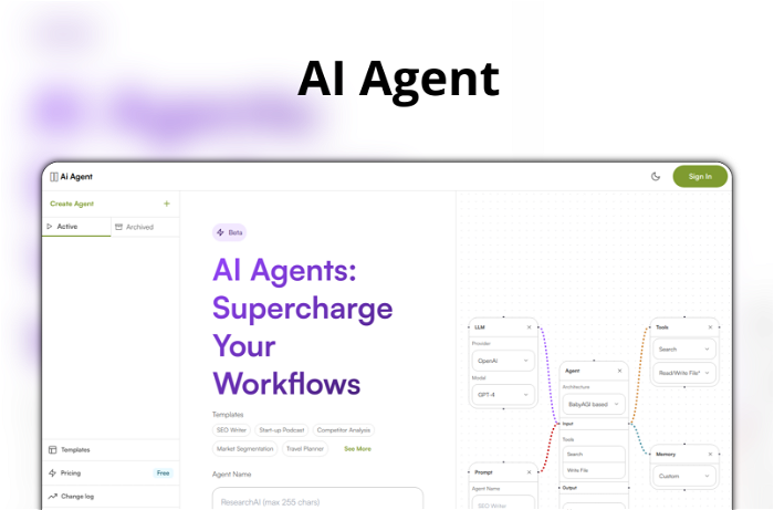 AI Agent Thumbnail, showing the homepage and logo of the tool