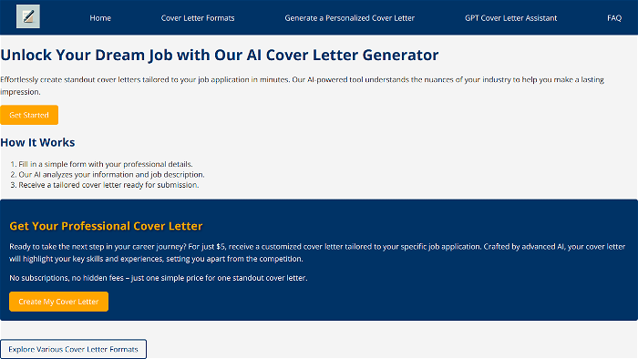 screenshot of AI Cover Letter's website