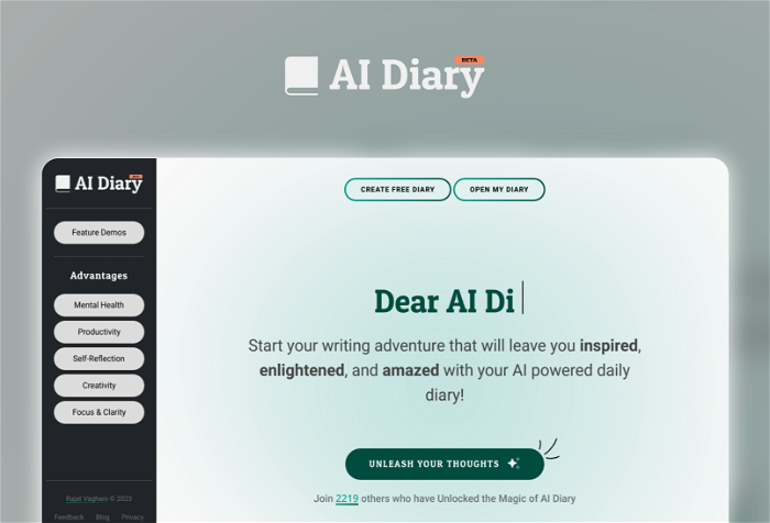 AI Diary Thumbnail, showing the homepage and logo of the tool