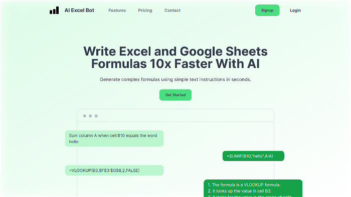 screenshot of AI Excel Bot's website