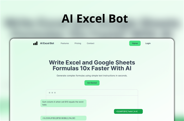 AI Excel Bot Thumbnail, showing the homepage and logo of the tool