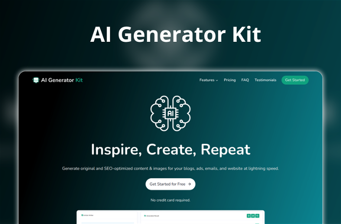 AI Generator Kit Thumbnail, showing the homepage and logo of the tool