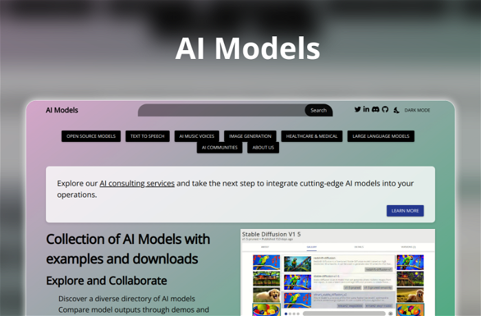 AI Models Thumbnail, showing the homepage and logo of the tool