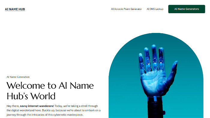 screenshot of AI NAME HUB's website