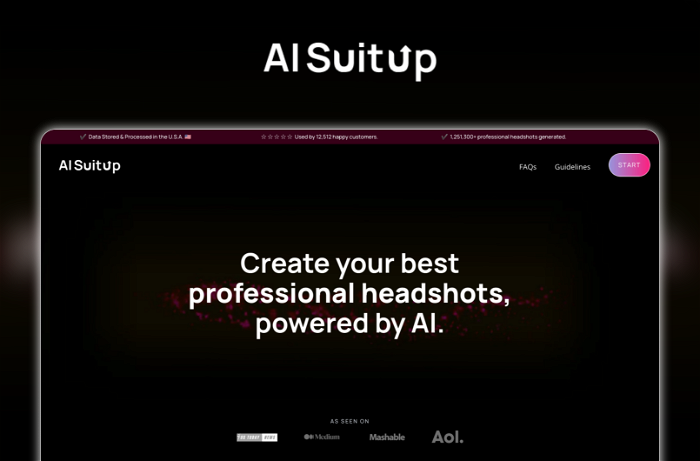 AI Suitup Thumbnail, showing the homepage and logo of the tool