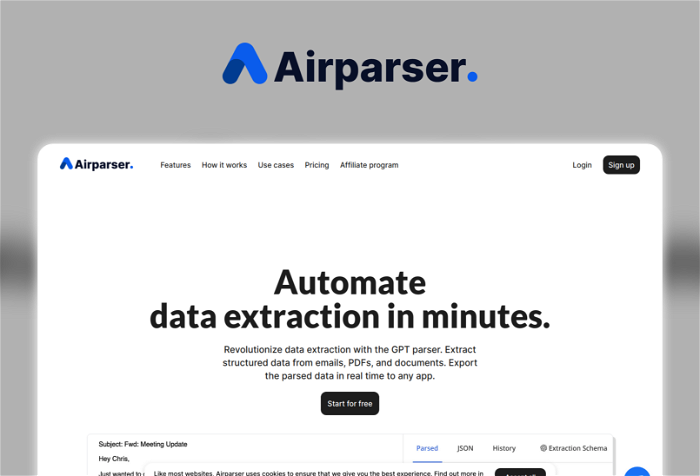 Airparser Thumbnail, showing the homepage and logo of the tool