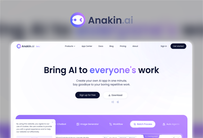 Anakin AI, Inc. Thumbnail, showing the homepage and logo of the tool