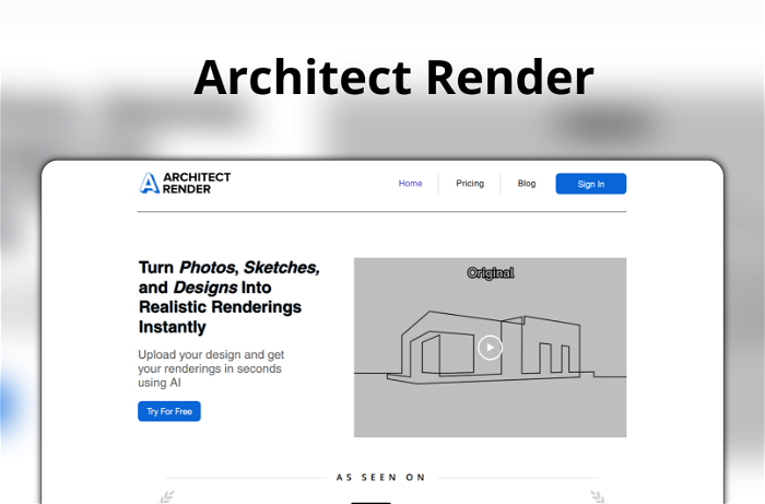 Architect Render Thumbnail, showing the homepage and logo of the tool