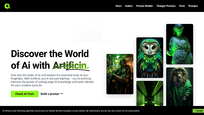 screenshot of Artificin's website
