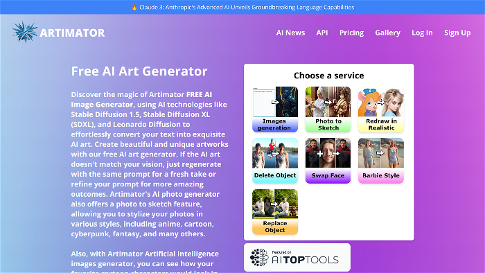 screenshot of Artimator's website
