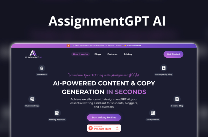 AssignmentGPT AI Thumbnail, showing the homepage and logo of the tool