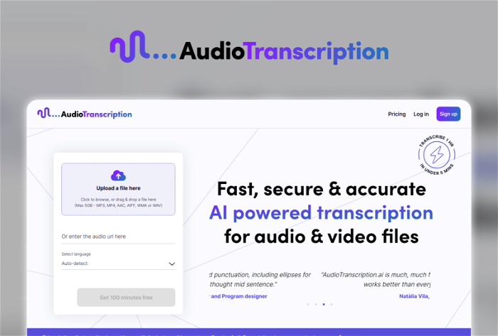 AudioTranscription.ai Thumbnail, showing the homepage and logo of the tool