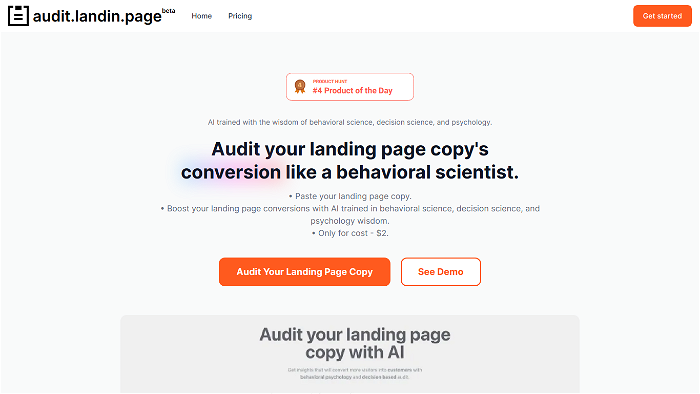 screenshot of Audit Landing Page's website