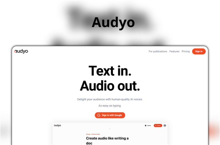Audyo Thumbnail, showing the homepage and logo of the tool