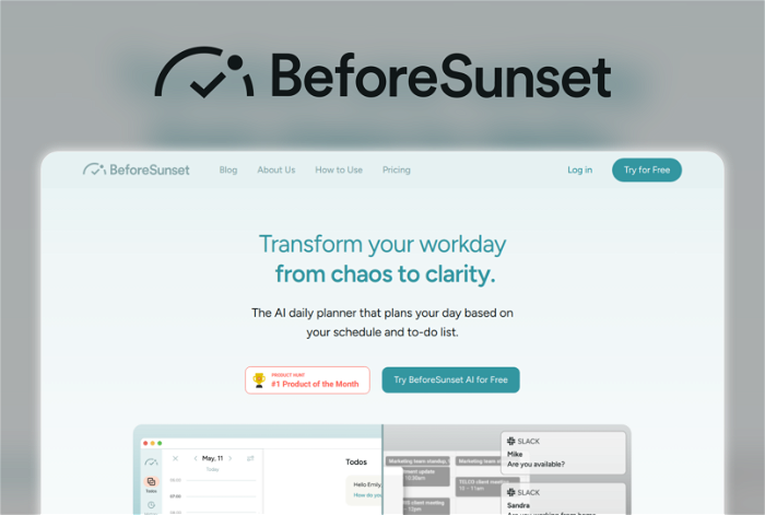 BeforeSunset AI Thumbnail, showing the homepage and logo of the tool