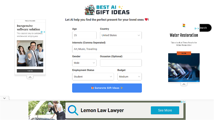 screenshot of Best AI Gift Ideas's website