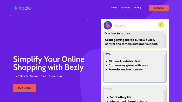 screenshot of Bezly's website