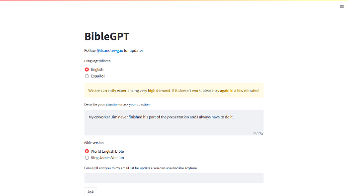 screenshot of BibleGPT's website