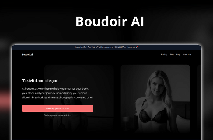 Boudoir AI Thumbnail, showing the homepage and logo of the tool
