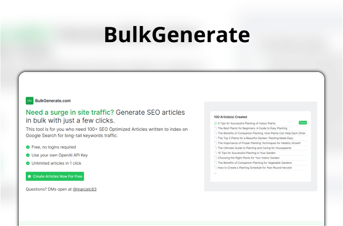 BulkGenerate Thumbnail, showing the homepage and logo of the tool