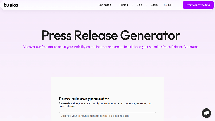 screenshot of Buska's Press Release Generator's website