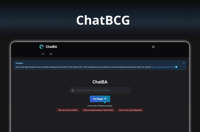 ChatBCG Thumbnail, showing the homepage and logo of the tool