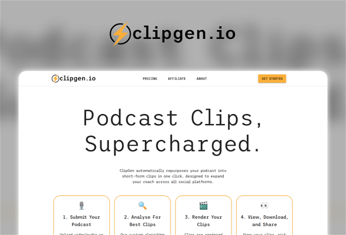 ClipGen Thumbnail, showing the homepage and logo of the tool