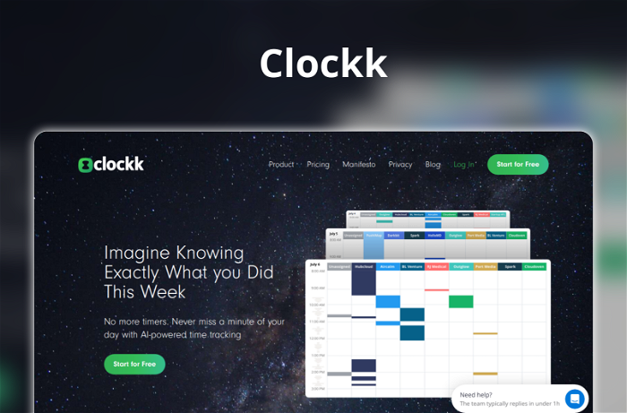 Clockk Thumbnail, showing the homepage and logo of the tool
