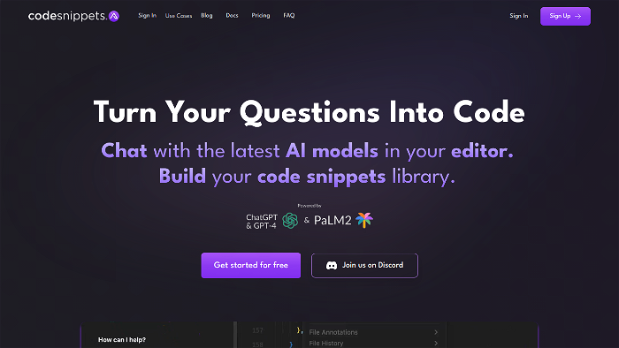 Screenshot of Code Snippets's website.