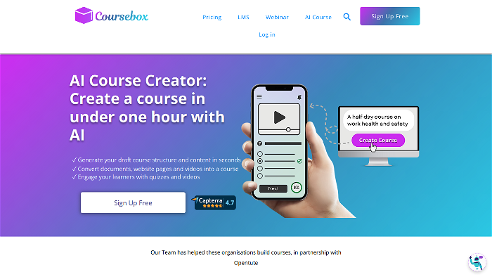screenshot of Coursebox's website