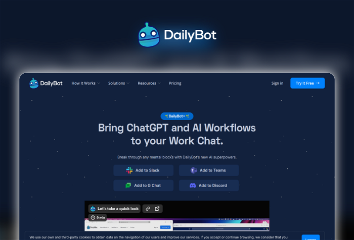 Dailybot Thumbnail, showing the homepage and logo of the tool