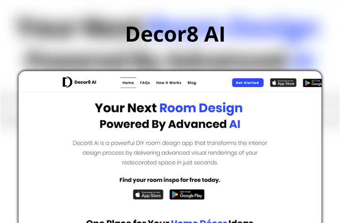 Decor8 AI Thumbnail, showing the homepage and logo of the tool