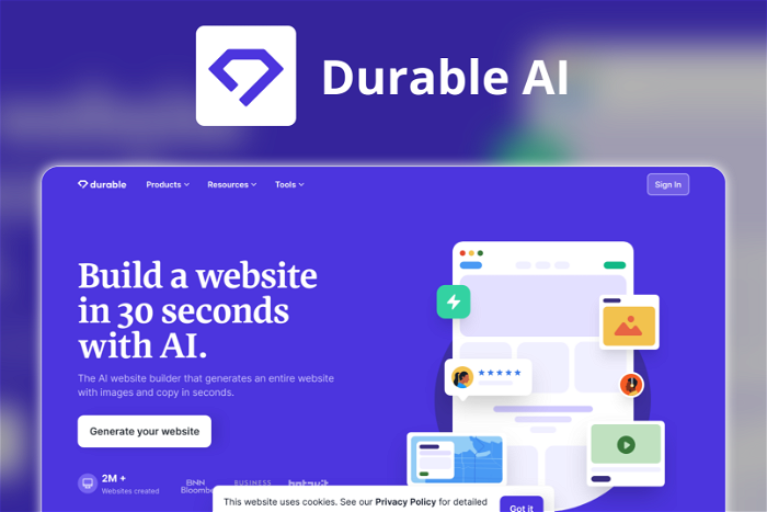 Durable AI Thumbnail, showing the homepage and logo of the tool