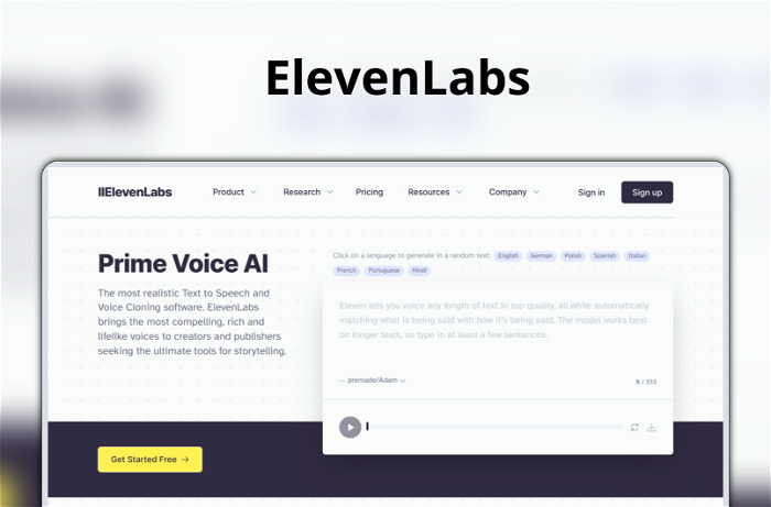 ElevenLabs Thumbnail, showing the homepage and logo of the tool