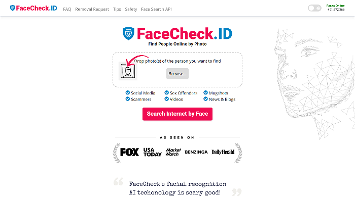 screenshot of FaceCheck's website