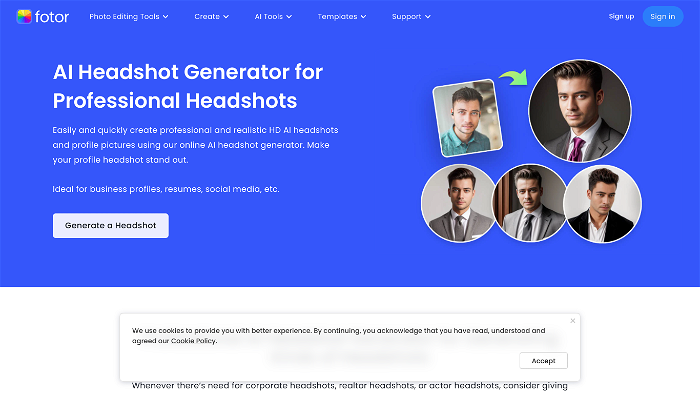 screenshot of Fotor AI Headshot Generator's website