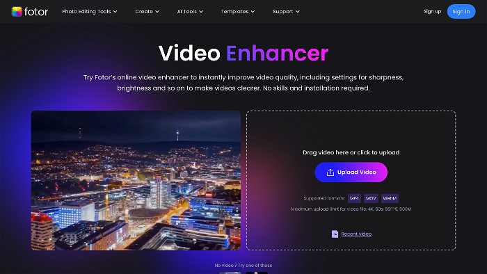 screenshot of Fotor video enhancer's website