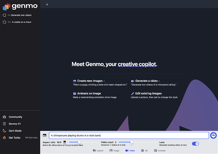 Genmo’s chat-style layout is clean and easy to get started with. It even has suggested prompts if you need some inspiration.