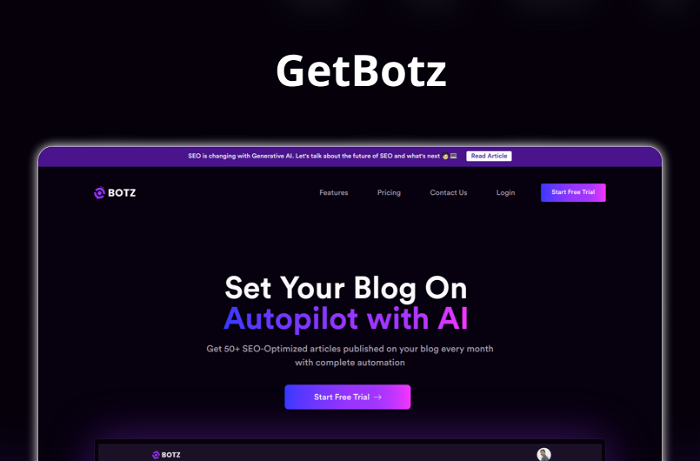 GetBotz Thumbnail, showing the homepage and logo of the tool