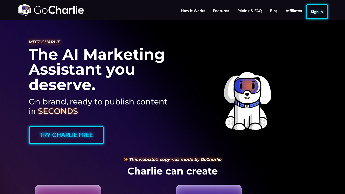 Screenshot of GoCharlie's website.