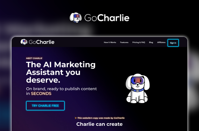 Thumbnail showing the Logo and a Screenshot of GoCharlie