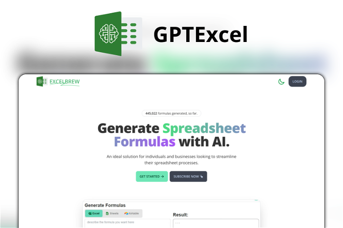 GPTExcel Thumbnail, showing the homepage and logo of the tool