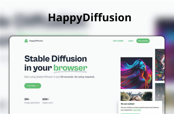 HappyDiffusion Thumbnail, showing the homepage and logo of the tool