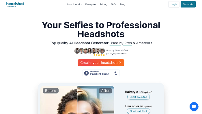 screenshot of HeadshotGenerator's website