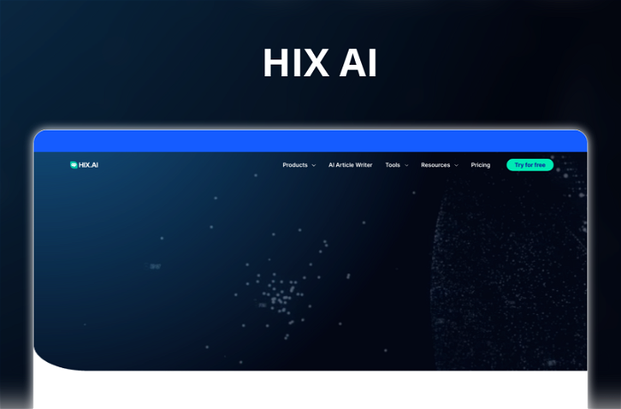 HIX AI Thumbnail, showing the homepage and logo of the tool