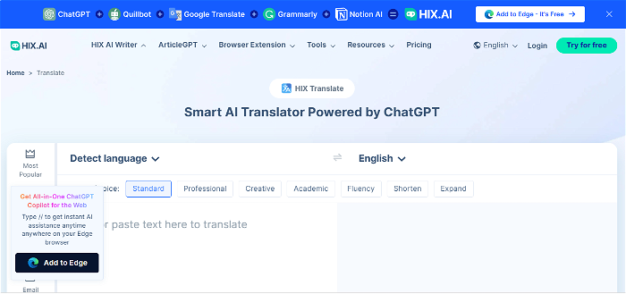 screenshot of HIX Translate's website